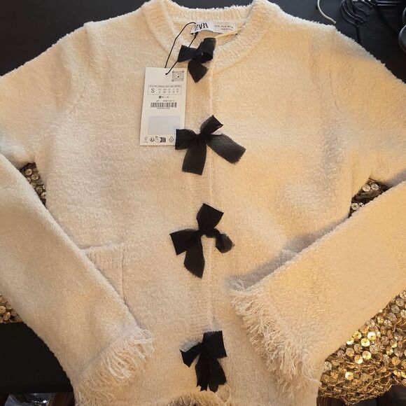 NWT ZARA Knit cardigan withβbows beige and black - Picture 7 of 7